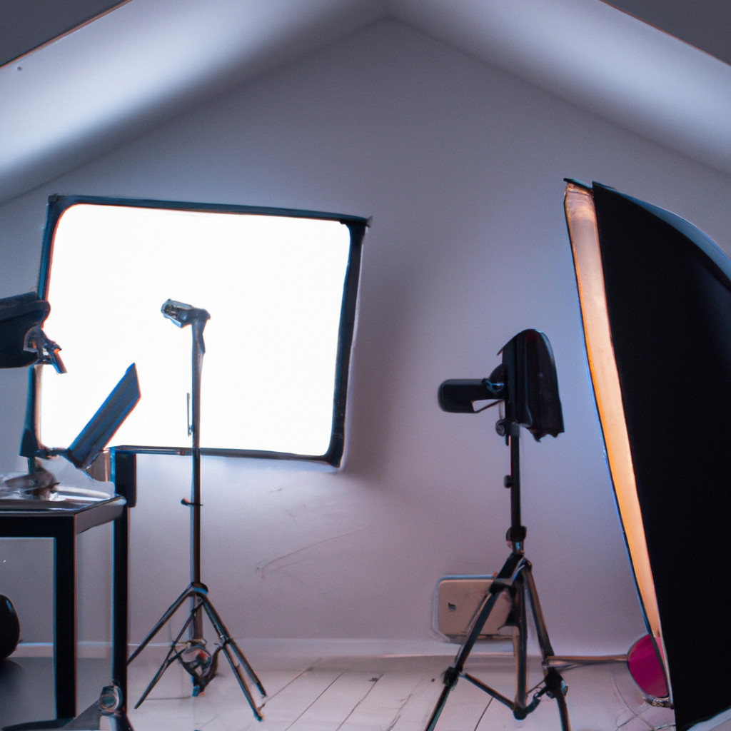 Estudio fotográfico minimalista en Madrid con luz cálida, cámaras sobre trípodes, fondos y textura detallada